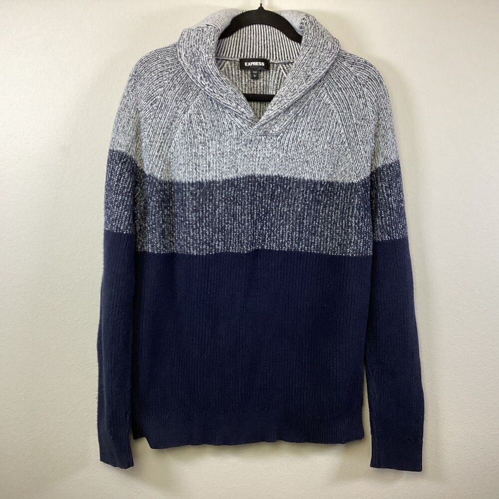 Express Cotton Sweater Blue Tones Color Block Heavyweight Shawl Collar Large